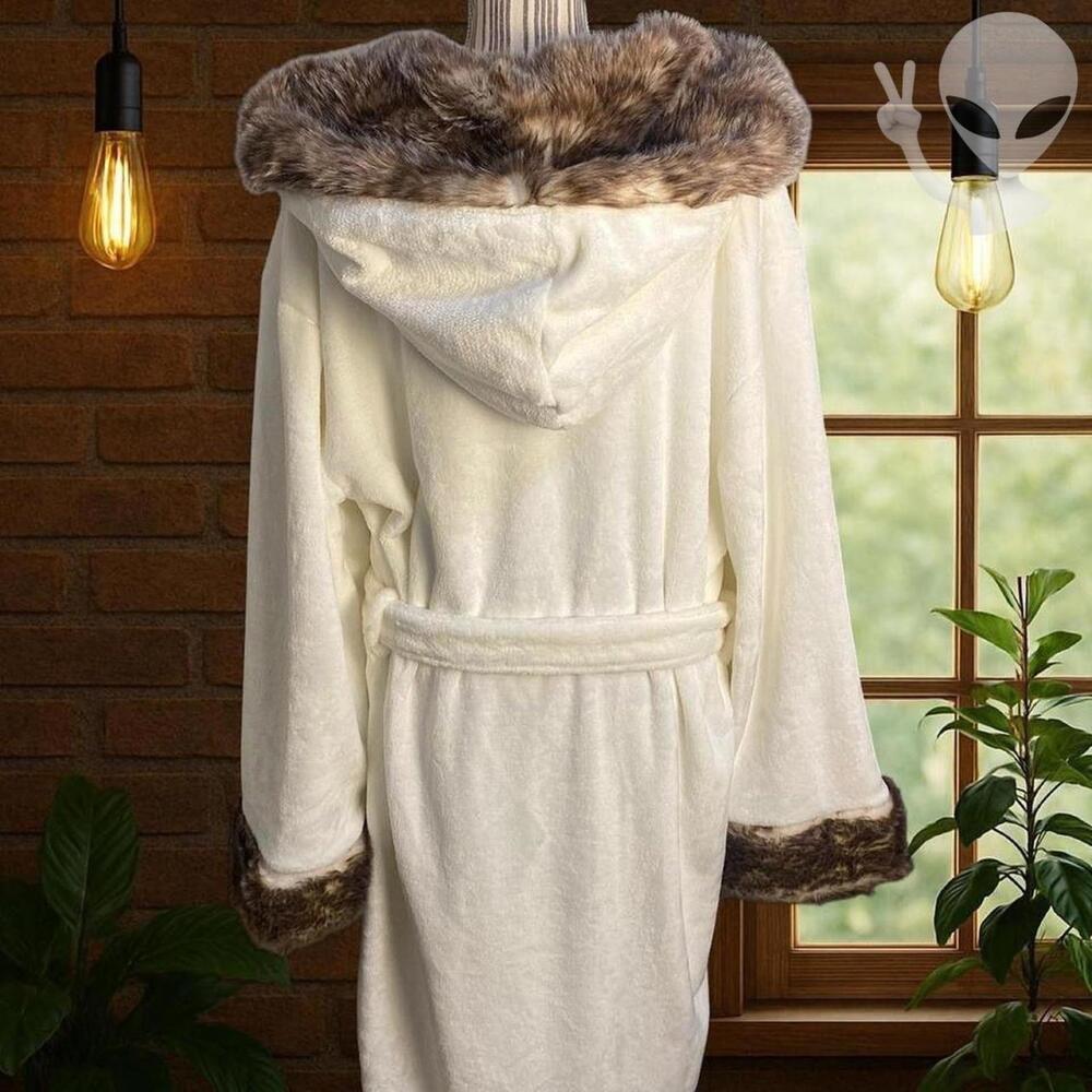 Faux Fur Ombre Robe Large Cream Brown Soft Cozy Loungewear Winter Sleepwear - Picture 5 of 6